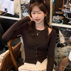 批发美式复古咖色工字背心吊带女秋季小<b class='q'>外套</b>长袖开衫两件套
