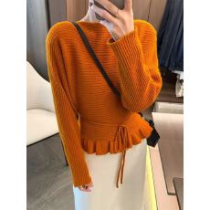 批发<b class='q'>荷叶边</b>系带浣熊绒针织衫女欧洲站2025冬装新款欧货女装打底小衫潮