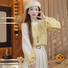 批发小香风拼接撞色袖口系带毛衣套头女秋冬季高级感软糯短款针织开衫