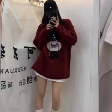 批发2026秋冬季慵懒风宽松中长款小熊图案毛衣可拆卸<b class='q'>牛仔</b>领上衣