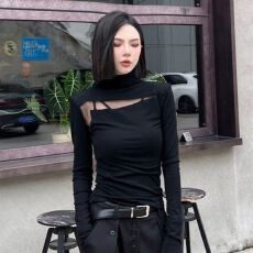 批发仿棉螺纹 半高领网纱拼接<b class='q'>长袖</b>t恤女秋气质辣妹风上衣