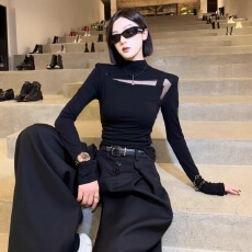 批发仿棉螺纹 半高领网纱拼接<b class='q'>长袖</b>t恤女秋气质辣妹风上衣