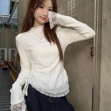批发韩系半高领蕾丝拼接T恤女春秋设计感抽绳打底衫内搭上衣