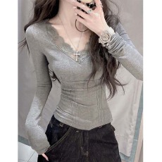 批发秋辣妹设计感T恤蕾丝拼接漏背v领打底衫内搭纯欲上衣