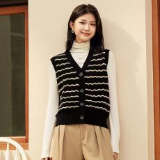 批发2026复古条纹香风纽扣女背心开衫秋季针织衫撞色无袖马甲外套