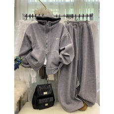 批发韩版休闲运动穿搭套装加绒连帽拉链卫衣外套高腰显瘦阔腿裤两件套