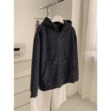 批发慵懒韩版桑加绒卫衣外套女洋气复古深灰色豹纹连帽开衫冬