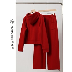 批发运动套装女2026冬装搭配一整套新年穿搭红色加绒卫衣阔腿裤两件套