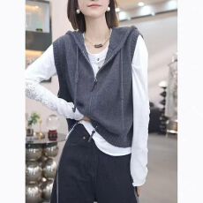 批发抽绳连帽拉链无袖针织马甲女2026年秋装韩版复古百搭外穿背心上衣