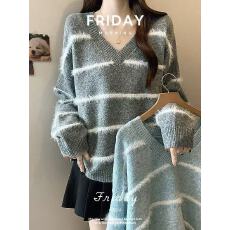 批发韩国东大门 时尚拼色条纹V领正肩长袖毛衣女秋冬新款针织衫上衣