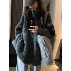韩系复古高领毛衣开衫外套女秋冬宽松慵懒风高级感厚中长款针织衫