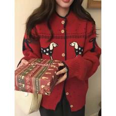 韩版甜美风圣诞小狗提花圆领毛衣开衫外套冬季新款宽松百搭针织衫