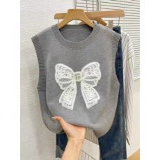 批发<b class='q'>可爱</b>减龄针织无袖毛衣马甲背心女蝴蝶结刺绣百搭内搭秋冬衬衫叠穿
