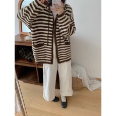 批发连帽长袖撞色条纹针织开衫卫衣2026秋冬韩版宽松毛衣外套百搭上衣