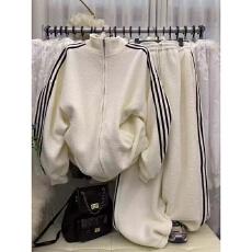 批发2026<b class='q'>休闲</b>拼条立领棒球服外套宽松显瘦抽绳阔腿裤保暖双面绒两件套