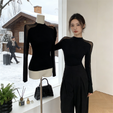 网纱拼接上衣女春夏御姐高级新款小衫紧身别致长袖t恤潮