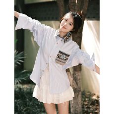 批发美式潮牌刺绣学院风黄色条纹衬衫女<b class='q'>外套</b>春季宽松慵懒长袖<b class='q'>防晒</b>上衣