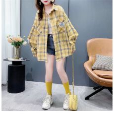 批发美式复古黄色格子<b class='q'>衬衫</b><b class='q'>外套</b>女早秋装2026新款独特别致上衣<b class='q'>衬衣</b>春秋