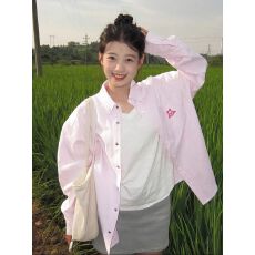 批发美式复古刺绣小狗粉色条纹<b class='q'>长袖</b><b class='q'>衬衫</b>女宽松设计感小众休闲百搭上衣