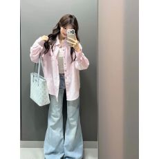 批发美式复古刺绣小狗粉色条纹<b class='q'>长袖</b><b class='q'>衬衫</b>女宽松设计感小众休闲百搭上衣