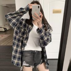 批发韩式复古<b class='q'>长袖</b>格子<b class='q'>衬衫</b>外套女春秋季设计感小众宽松百搭翻领<b class='q'>衬衣</b>潮