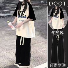 批发<b class='q'>套装</b>夏季爆款插肩短袖女学生风T恤休闲阔腿裤网红穿搭两件套女潮