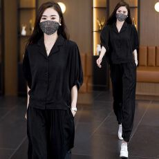 批发休闲时尚天丝<b class='q'>套装</b>女士夏季洋气妈妈短袖薄款宽松气质<b class='q'>哈伦裤</b>两件套