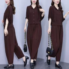 高档天丝套装女夏季新款时尚洋气减龄妈妈纯色T恤宽松遮肚两件套