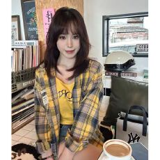 批发韩系黄色格子长袖衬衫女夏季复古磨毛宽松<b class='q'>中长款</b>防晒衬衣外搭上衣