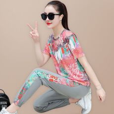 批发<b class='q'>夏</b>天运动套装女宽松韩版潮流短袖长裤印花显瘦洋气冰丝休闲两件套