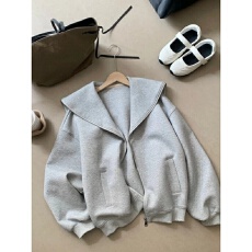 批发2026新款韩系慵懒风灰色海军领<b class='q'>卫衣</b>女拉链<b class='q'>开衫</b>宽松外套小个子上衣