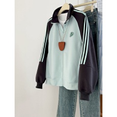 批发蓝色拼接插肩袖三条杠<b class='q'>卫衣</b>女2026年春新款<b class='q'>韩版</b>宽松慵懒风开衫外套