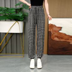 批发夏季新款<b class='q'>大码</b>女<b class='q'>裤</b>格子哈伦高腰<b class='q'>裤</b>子休闲宽松九分灯笼<b class='q'>裤</b>休闲<b class='q'>裤</b>薄款