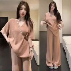 批发慵懒风<b class='q'>休闲</b>时尚套装女春夏新款小众独特宽松V领短袖阔腿裤两件套