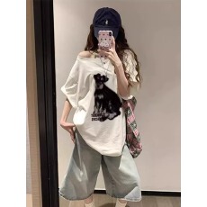 批发原版40支纯棉 220克 92%棉8%氨纶 斜领<b class='q'>一字肩</b>美式辣妹小狗印花