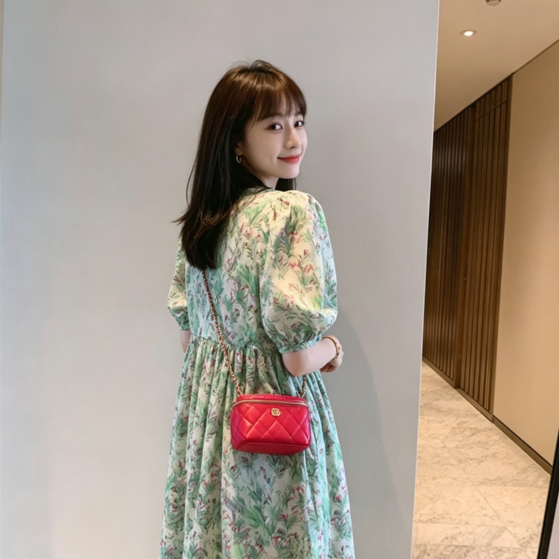 미 고대 프랑스식 레트로 녹색 쿠이 후아 스트레이트 드레스 고급 센스 차 휴식 롱 스커트 휴가 해변가 치마