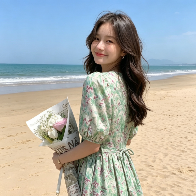 미 고대 프랑스식 레트로 녹색 쿠이 후아 스트레이트 드레스 고급 센스 차 휴식 롱 스커트 휴가 해변가 치마
