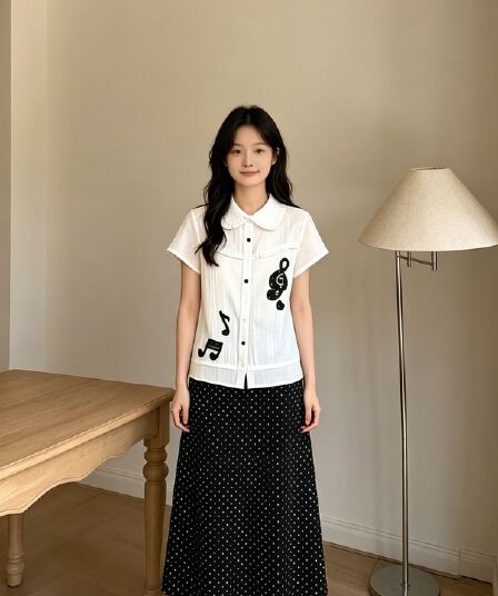 학원 스타일 베이비 칼라 반팔 셔츠 맨위 화이트 참고 자수 슬림해 보이는 프릴 셔츠
