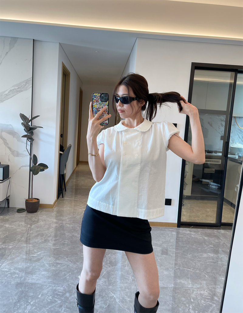 봄 여름 조개 단추 이중 버튼 주름 칼라 세부 사항 인형 셔츠 맨위 루즈핏