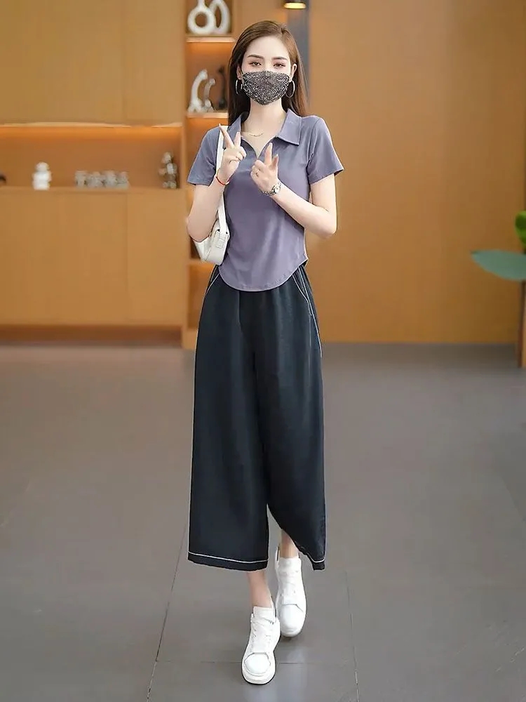얼음 실크 속도 건조한 7 점 바지 여성 캐주얼 여름 얇은 스타일 허리밴드 슬림해 보이는 검정색 빅 사이즈 와이드 레그 팬츠