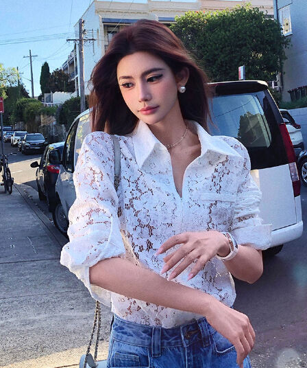 프랑스식 나일론 홀로우 아웃 셔츠 여성 여름 출퇴근 품격 디자인 센스 루즈핏 긴팔 셔츠