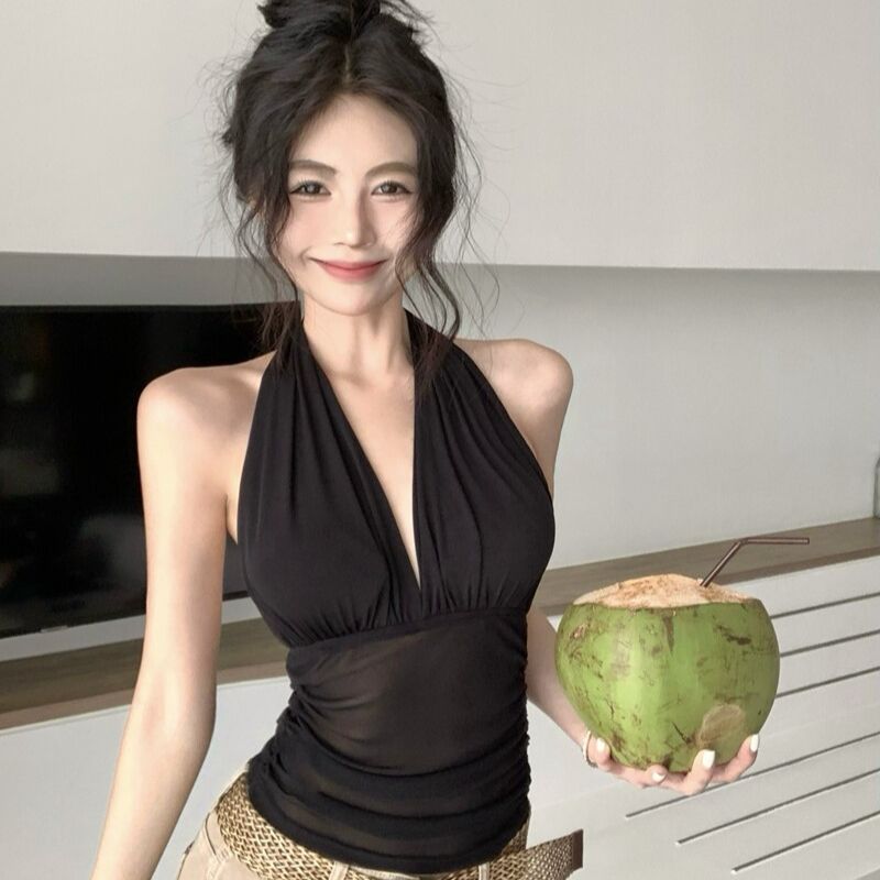 섹시함 백리스 V넥 행침 목 캐미솔 여름 민소매 외출용 디자인 센스 핫걸 허리 수축 검정색 맨위
