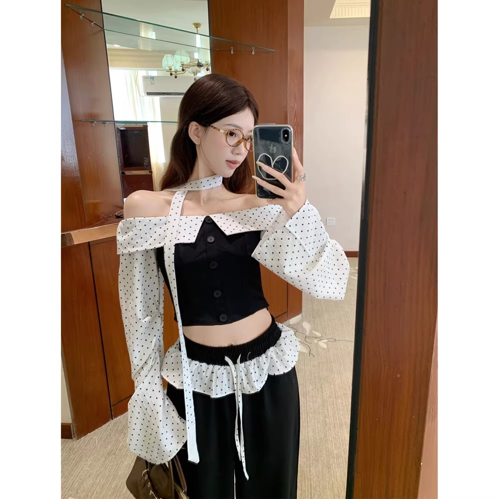 도트 무늬 패치워크 발레 바람 오프숄더 튜브탑 셔츠 핫걸 와이드 레그 팬츠 2026 봄 새로운 패션 세트 여성