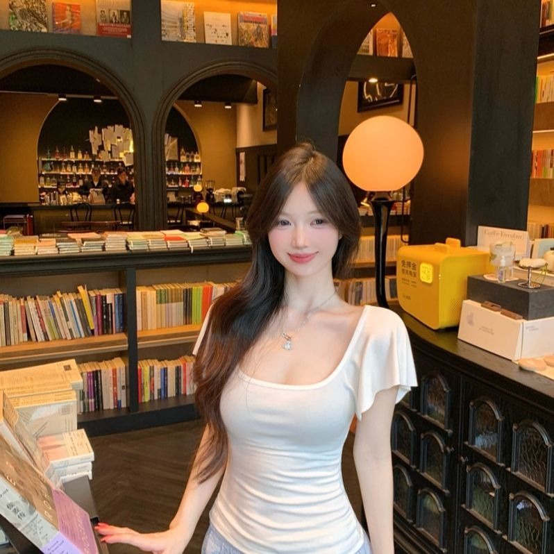 260 그램 사람들 면 순수한 욕망 화이트 u 칼라 반팔 티셔츠 여성 여름 2025 새로운 허리 수축 단색 핫걸 맨위