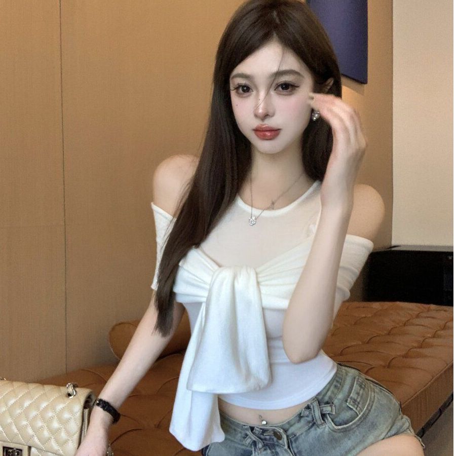240 그램 사람들 면 패치워크 숄 페이크 레이어드 라운드 넥 민소매 티셔츠 여성 디자인 센스 몸매 가꾸기 쇼트 스타일 화이트 맨위