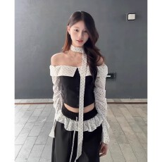 批发学院风辣妹穿搭一整套女早秋高级感波点长袖抹胸上衣阔腿裤两件套