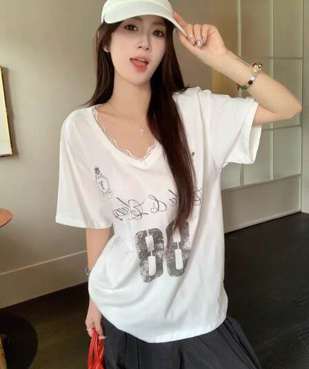 260 그램 사람들 면 아메리칸 느긋한 바람 레이스 조각 V넥 반팔 티셔츠 새로운 루즈핏 알파벳 프린트 맨위 여성