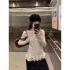 批发原版面料 甜美风白色波点长袖T恤女春季荷叶边<b class='q'>打底衫</b>显瘦内搭上衣