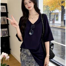 批发人棉+原版面料 V领纯色短袖T恤女装别致网纱半身裙a字<b class='q'>长裙</b>两件套