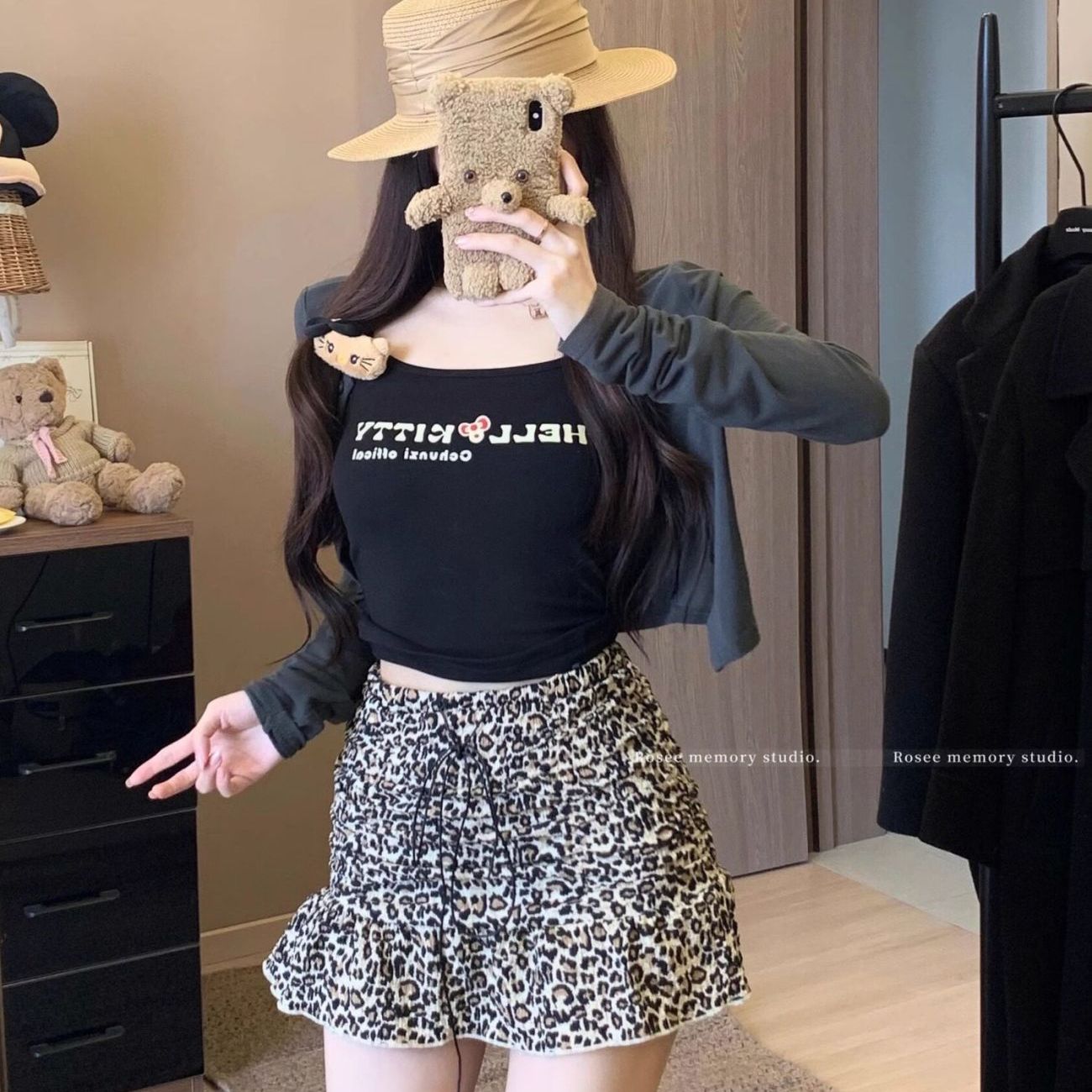 원본 레오파드 무늬 원단 아메리칸 핫걸 레트로 레오파드 무늬 프릴 반신 스커트 봄 Chic A라인 스커트 미니 스커트